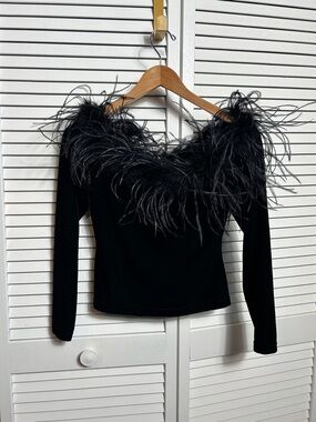 Off the shoulder Black Ostrich Feather trim velvet top vintage cachet small